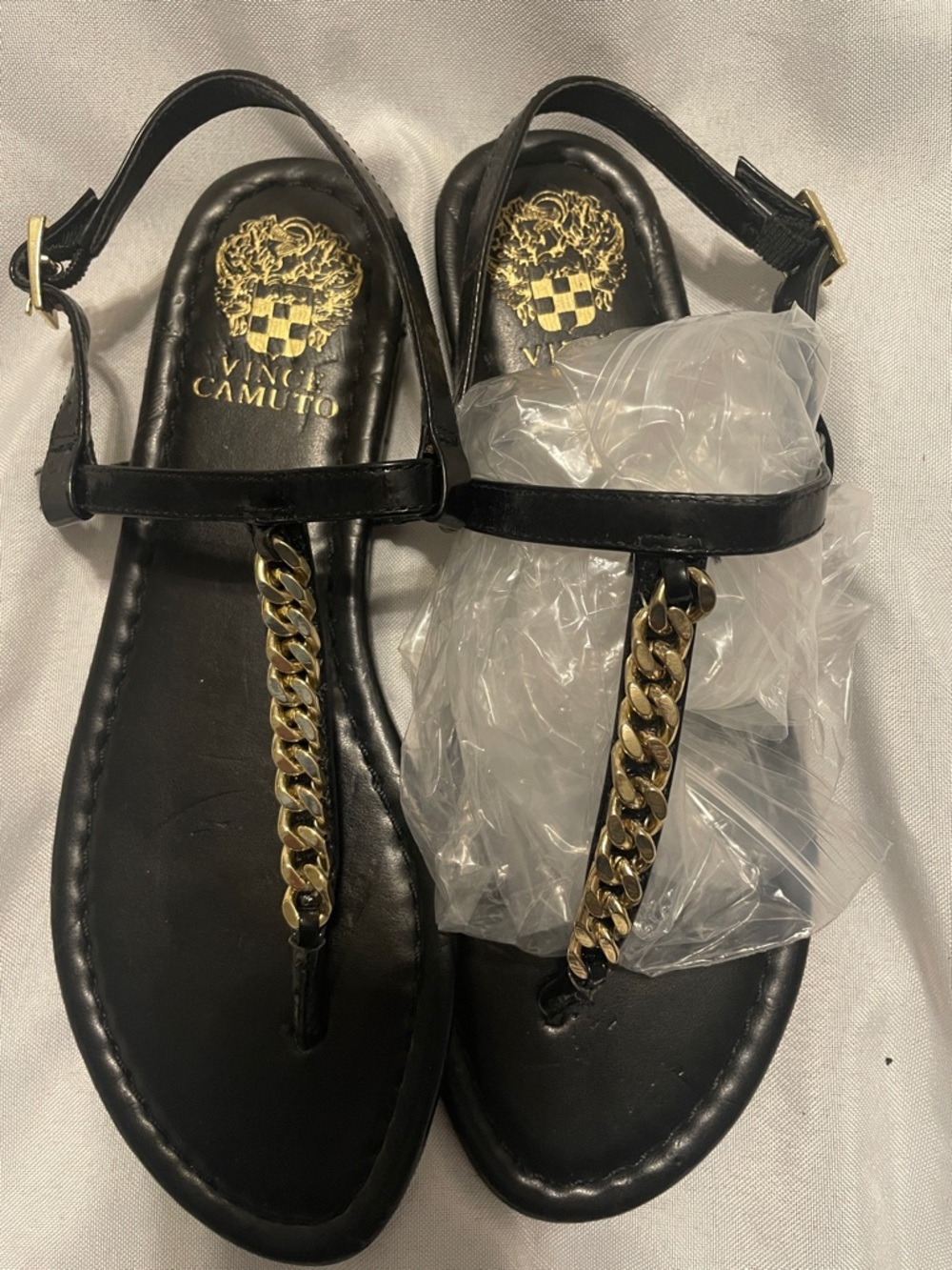 Vince Camuto Black Leather T-Strap Sandals with Gold Chain Detail